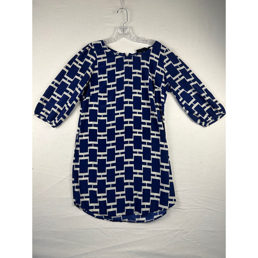 Peach Love Cream California Blue White Geometric 3/4 Sleeve Shift Dress
